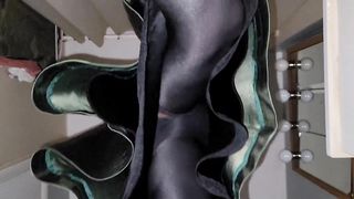 Green satin microskirt and black satin half slide