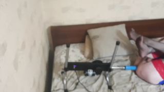 Crossdresser have intercourse with Shagging Machine and spunking