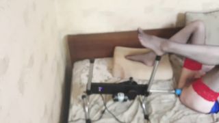 Crossdresser have intercourse with Shagging Machine and spunking