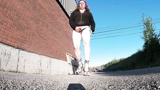 Sissy TV Stroking in the wind outdoors in the morning before breakfast .