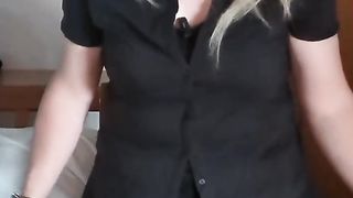 Brief miniskirt, stocking and self-facial cumshot!