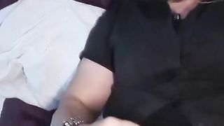 Brief miniskirt, stocking and self-facial cumshot!