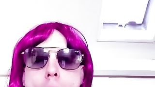 Lusty sissy takes good-sized faux-cock in her jaws