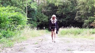 Style Display With Jizz Flow four of four - ambling in the forest in shining microskirt and nylon tights