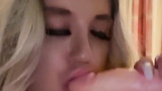 Towheaded doofy in six inch high-heeled shoes throating her fuck stick