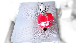 Crimson catsuit white footwear selfbondage