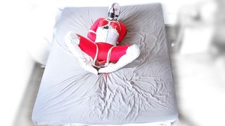 Crimson catsuit white footwear selfbondage