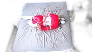 Crimson catsuit white footwear selfbondage