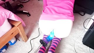 Adorable femboy biotch Raine using a screw machine with deep faux-cocks