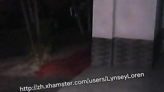 Lynsey jerks in front of a public restroom