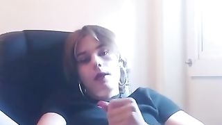 T-Girl masturbate her lil' knob and tongues his own spunk