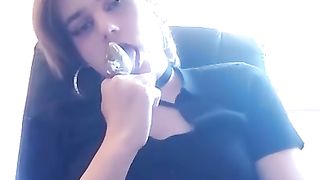 T-Girl masturbate her lil' knob and tongues his own spunk