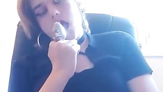 T-Girl masturbate her lil' knob and tongues his own spunk