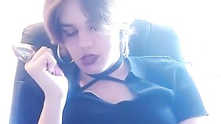 T-Girl masturbate her lil' knob and tongues his own spunk