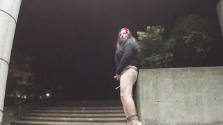 Sissy first-timer cougar CD outdoors in public at night solo getting off with object in the culo