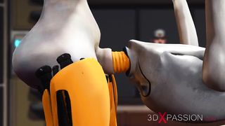 Futa bang-out robot plays with a girl alien in the sci-fi lab