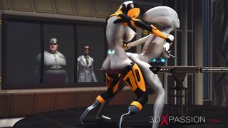 Futa bang-out robot plays with a girl alien in the sci-fi lab