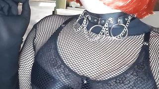 Ginger-Haired with crimson lips smoking