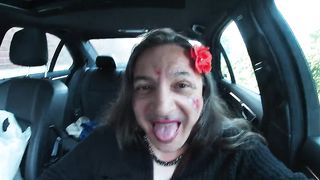 Muddy sissy CD Ultimately Finishes Off in the van and gobbles her own Jism explosion a Van solo onanism vid
