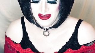 Whorey Sissy in Strong Make-Up Sates Dude on Web Cam