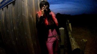 sissyslut in taut leather pulverizes her bootie and spunk in public