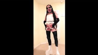 Brunette slut in white prom dress