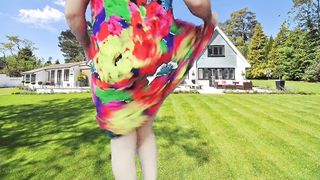 Steaming t-model striptease in the public in the garden