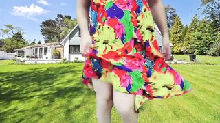 Steaming t-model striptease in the public in the garden