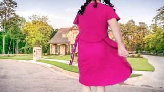 In the street long luxurious clad transgender princess dancing in the public