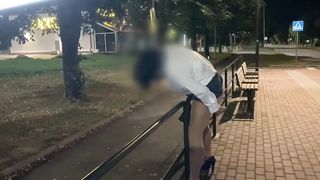 Crossdresser tied at bus stop