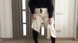 Sissy homo in satin silk palazzo broad gam pants and black romantic nymphs half-top on high high-heeled shoes overknee footwear dancing