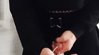 Lucy plays with her hard-on and cum shot