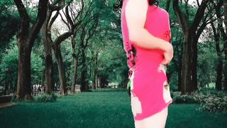 Nice face public steaming marvelous dancer in the park model cosplayer