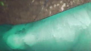 CD Outdoors. Peeing nylon thong leotard in mess.