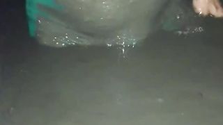 CD Outdoors. Peeing nylon thong leotard in mess.