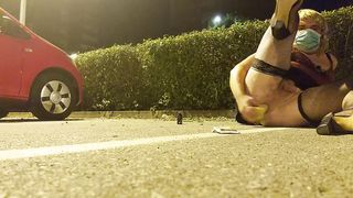 Young crossdresser loves to rail fake penis outdoor public