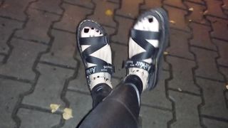 crossdresser with super-cute soles in wondrous platform sandals