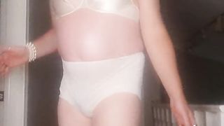 Modeling white underpants for a devotee.