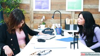 Intern is fucked by big tit shemale boss