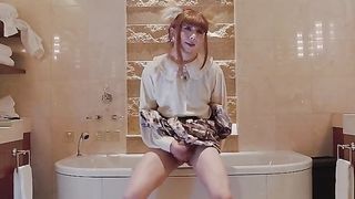 Chinese crossdresser with rabbit ear jizm in a luxury motel shower. cumdrop.