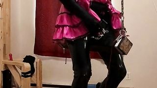 Sissy Maid Stuck on Enormous Fake Penis on the Wooden Horse...