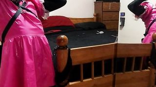 Sissy Maid Collared to Couch Post in Armbinder Self Restrain Bondage