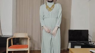 Asian crossdresser jizz flows when exhilarated by pubes fondled by long sundress.