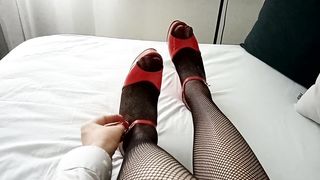 wild COUGAR transgender princess in black fishnet stocking and crimson stilettos simulates Feetjob with magic wand