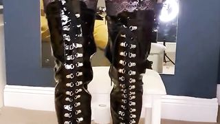 Purple Underwear and vinyl hip high shoes