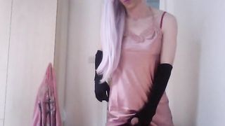 jess silk railing fuck stick in pinkish satin nightie and bathrobe with long purple peruke