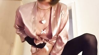 jess silk railing faux-cock in rosy satin nightie and bathrobe with bob periwig