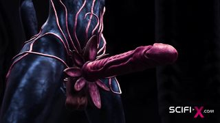 Torrid alien intercourse in a dark hallway with a naughty young blondie