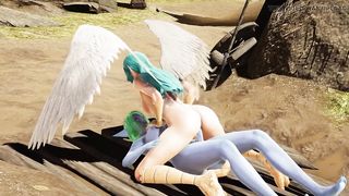 2 futa night elf tear up a harpy in the desert