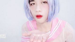 Crossdressing sissy costume play college bikini and shag herself